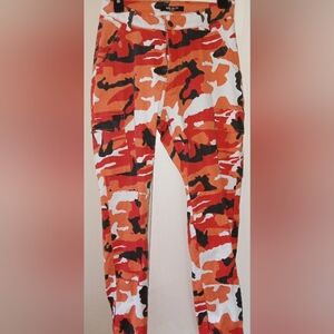 Camouflage cargo pants,orange, black,red and white juniors Medium